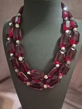 Vintage Red Faceted Bead Necklace, Double Strand Statement, Ruby Red Chunky Bead